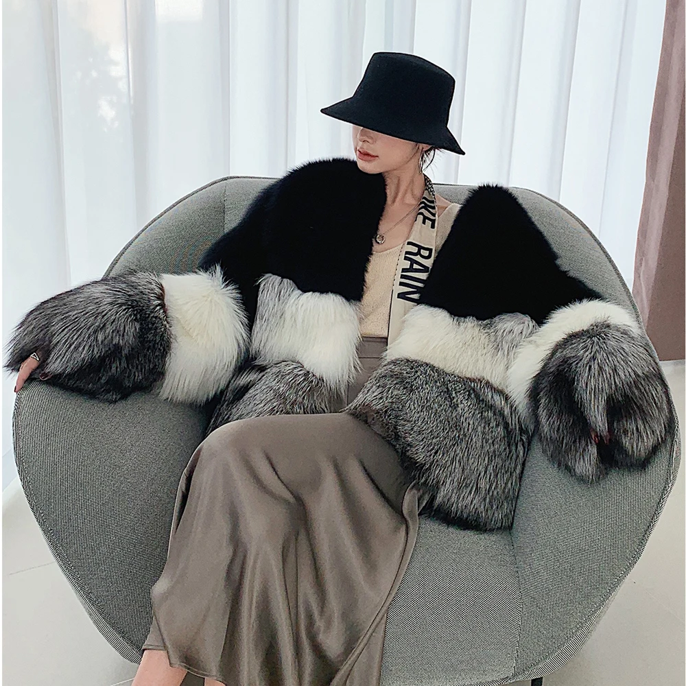 Luxury Women Natural Fox Fur Jacket Round Collar Fashion Color Patchwork Genuine Fox Fur Coats Female Thick Warm Fur Overcoats