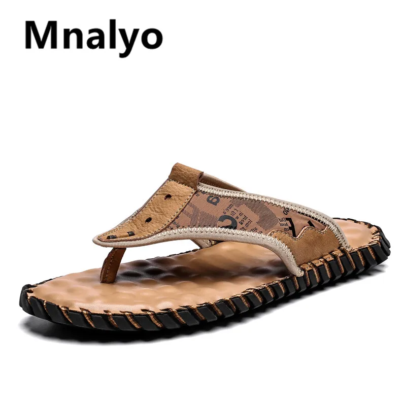 

2020 Summer Leather Men Flip Flops Fashion Non-slip Beach Slippers Massage Outdoor Sandals Comfort Casual Shoes Size 39-48