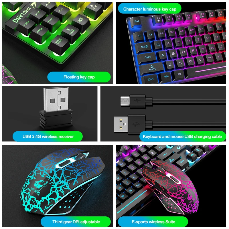 wireless keyboard and mouse kit 87 keys mechanical feeling gaming keyboard rechargeable led backlit 2 4g mouse 2400dpi pc free global shipping