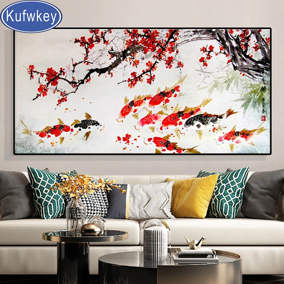 Китайский Lucky Koi сливового цвета с красными цветами на картиной Алмазная вышивка