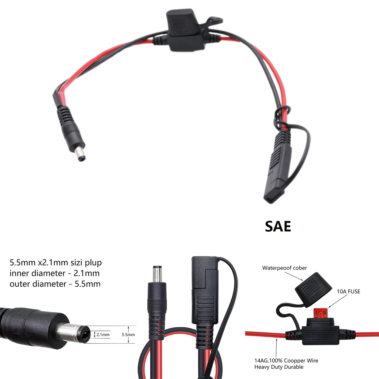 

Кабель-удлинитель для солнечной панели мотоцикла, 14AWG, 5,5 мм x 2,1 мм, с 2-контактным разъемом SAE, с предохранителем 10 А
