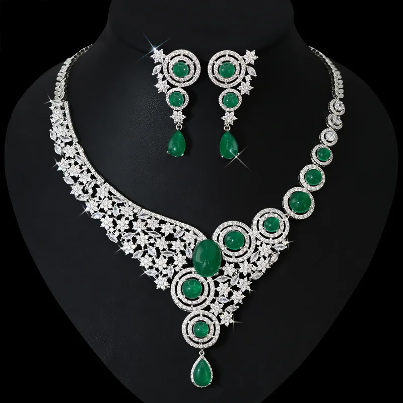 HIBRIDE 2 шт. зеленый фианит висячие серьги большое ожерелье роскошный свадебный комплект ювелирных изделий Аксессуары N-1314