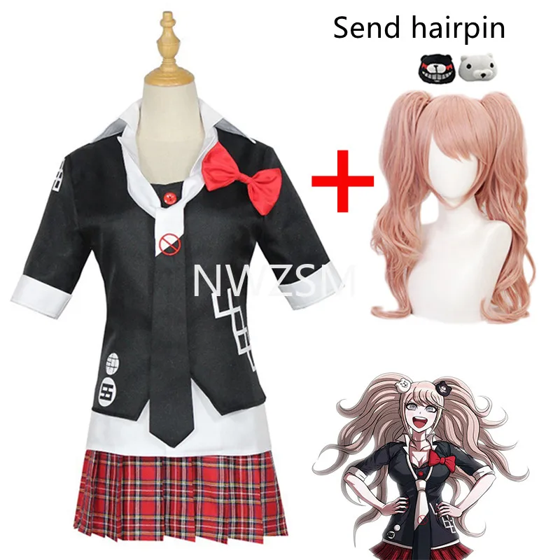 

Аниме Danganronpa Косплей Костюм джунко эношима форма кафе Рабочая одежда короткая юбка двойной хвост оплетка парик