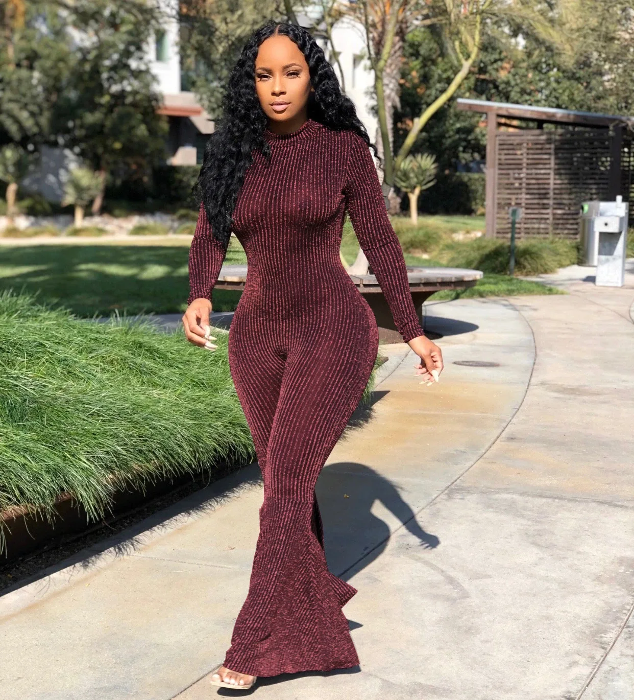 

Plus Size Ribbed Flare Legs Jumpsuit Women O Neck Full Sleeve Skinny One Piece Overalls Thick Warm Casual Street Wear Outfits