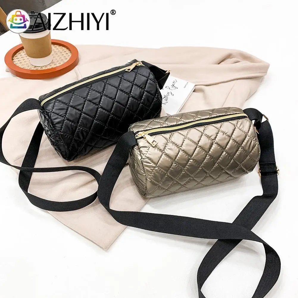 

FashionCotton Padded Diamond Lattice QuiltedCylindrical Bucket BagZipperWarm Tote Bag Small Crossbody Bag