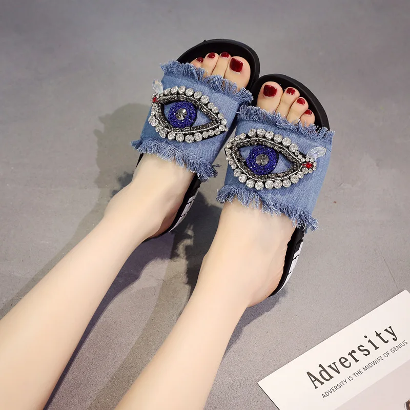 Шлепанцы женские из денима роскошные пляжные сандалии на платформе с