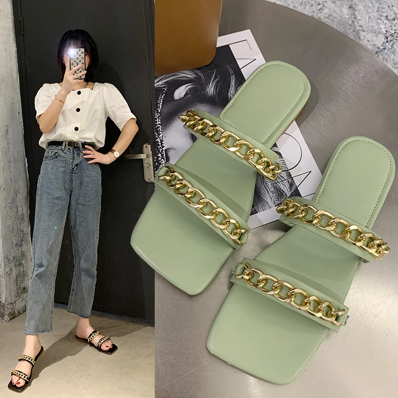 

Summer 2021 Women Slipper Chain Slip on Flat Heels Casual Shoes Open Toe Ladies Slides Footwear Comfortable Square Toe Zapatos