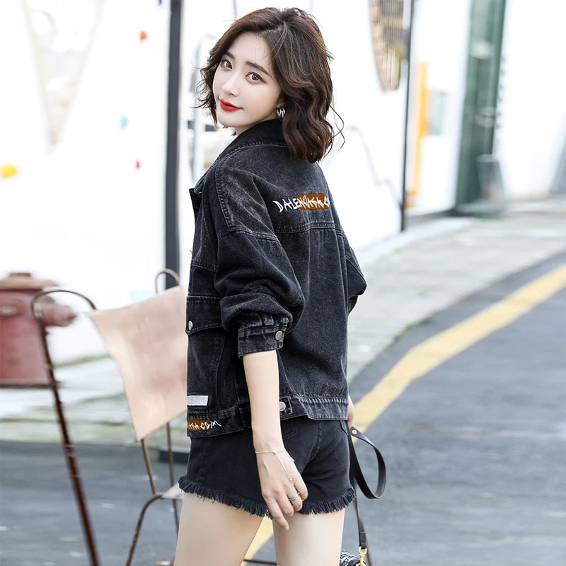 

2021 spring autumn black denim jacket Embroidered letters Single breasted lapel pocket jean jackets Fashion trend coat women