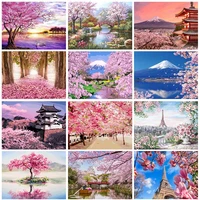 5d diy poured glue diamond painting kits scalloped edge cherry blossom landscape full round with ab drill handcraft gift decor