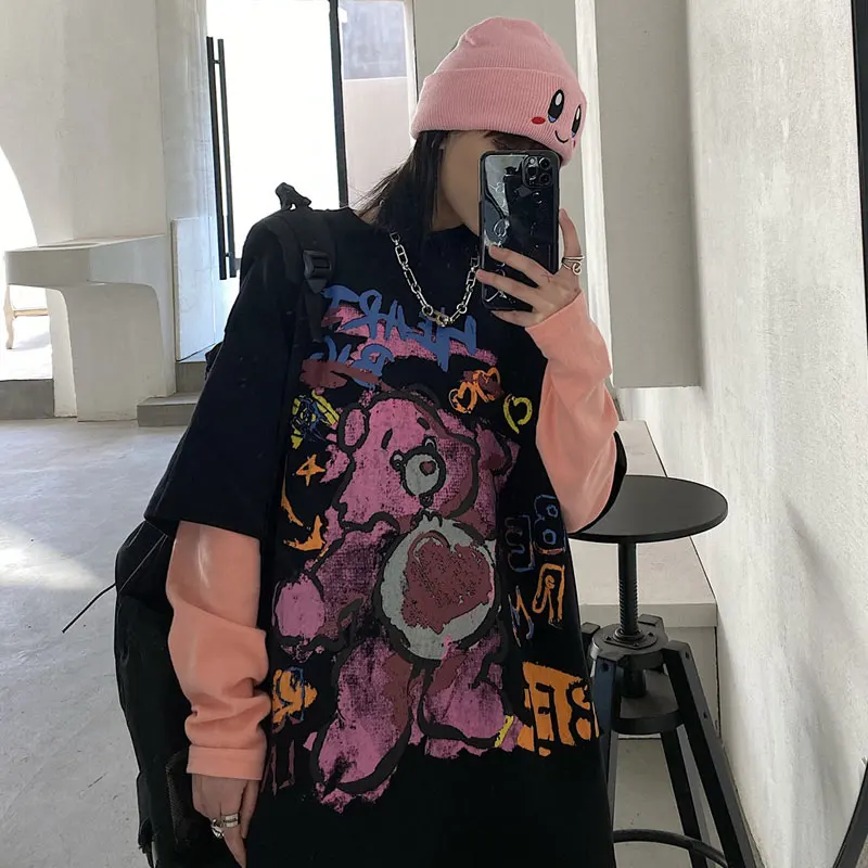 

HARAJPOO Woman T-shirt Spring 2021 New Korean INS Retro Cartoon Graffiti Printing Loose Long-sleeved Female Fake Two-piece Tide