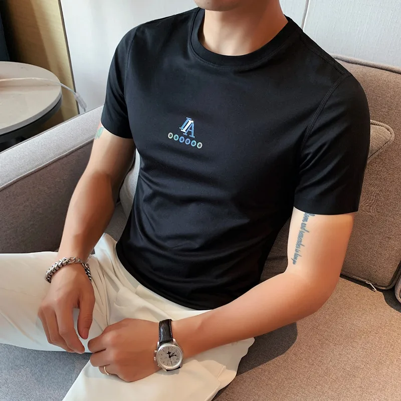 Korean Summer Solid Short Sleeve T Shirts Men Clothing 2021 Front Letter Print Slim Fit Casual Thin Tee Shirt Homme Streetwear