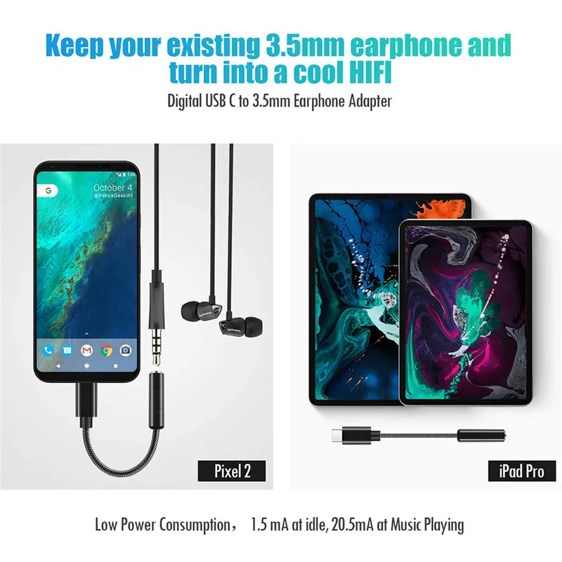 

HIFI DAC Earphones Amplifier Type-C to 3.5mm Audio Adapter Hi-res Super Earphones Converter Lossless Conexant/ Qualcomm chip