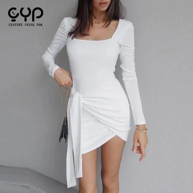 

Autumn Ladies Simple Solid Slim Bodycon Mini Dress Fashion Irregular Party Dress Women Elegant Square Collar Wrap Lace-up Dress