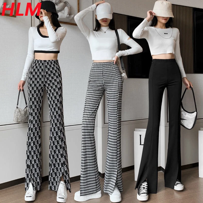 

HLM 2021 Flare pants Women Ins Letter Open Pants High Waist Pants Spring and Autumn Plaid Casual Trousers
