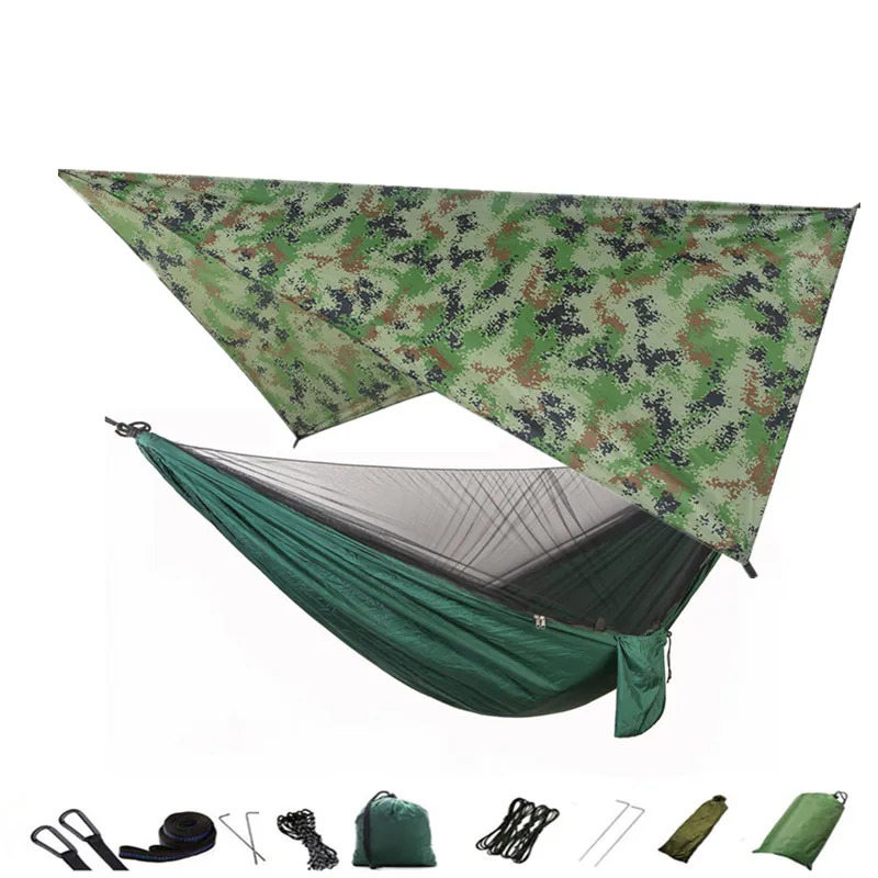 Camouflag-dark green Дождевой мух брезент и Кемпинг гамак с москитной сеткой портативный гамак навес легкий нейлон гамаки для пеших прогулок, альпинизма - Цвет: Camouflag-dark green