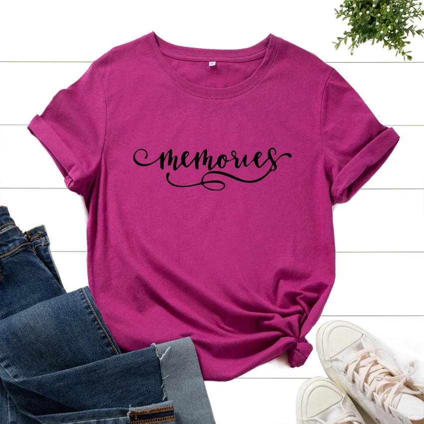 

Cotton T-Shirts for Women Graphic Tees Printed Shirt Short Sleeve Summer Tops Casual Clothes Memories Letter Word Print Memory