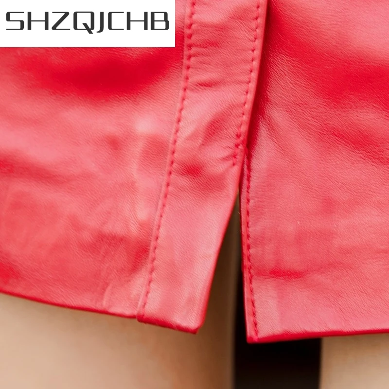 

JCHB 2021 Spring Autumn Red Solid Elastic Waist Sexy Skirts Women Genuine Leather Fashion Pockets Skirts New Lady Streetwear Cl