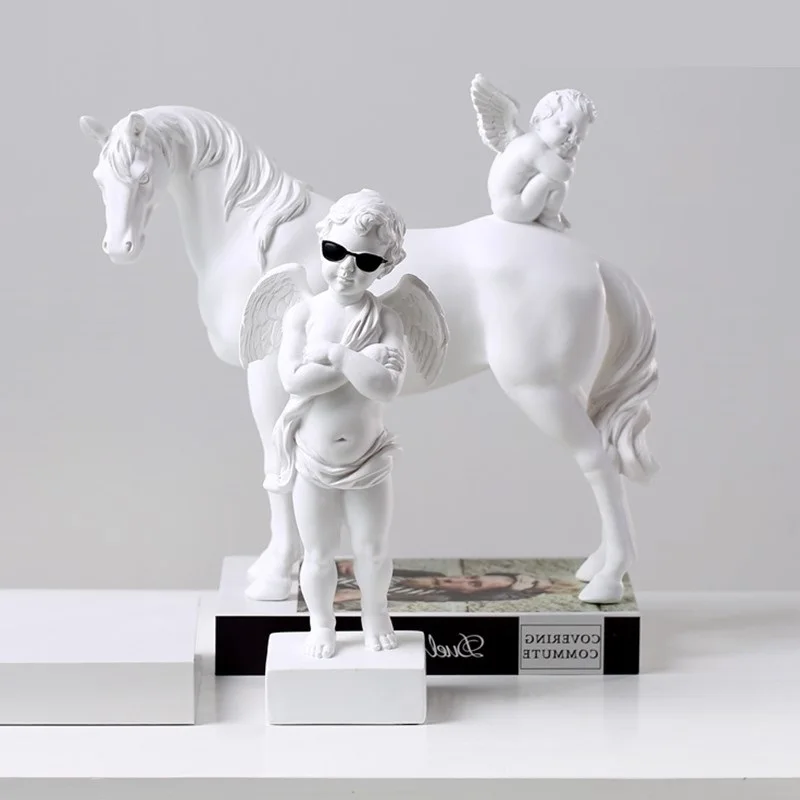 Roman Mythology White Cupid Angel Horse Figurines Statue Resin Crafts Home Decoration Accessories