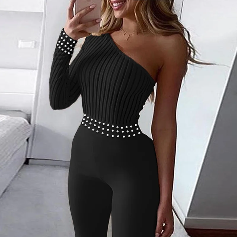 

Single Shoulder backless Rompers Women Jumpsuit Long Sleeve Beads High-waist Jumpsuits Female 2021 Summer Lady Streetwear Romper