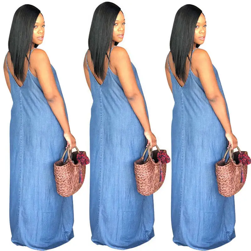 Новинка 2020 Женские Мешковатые джинсовые платья-Макси в стиле бохо с открытой