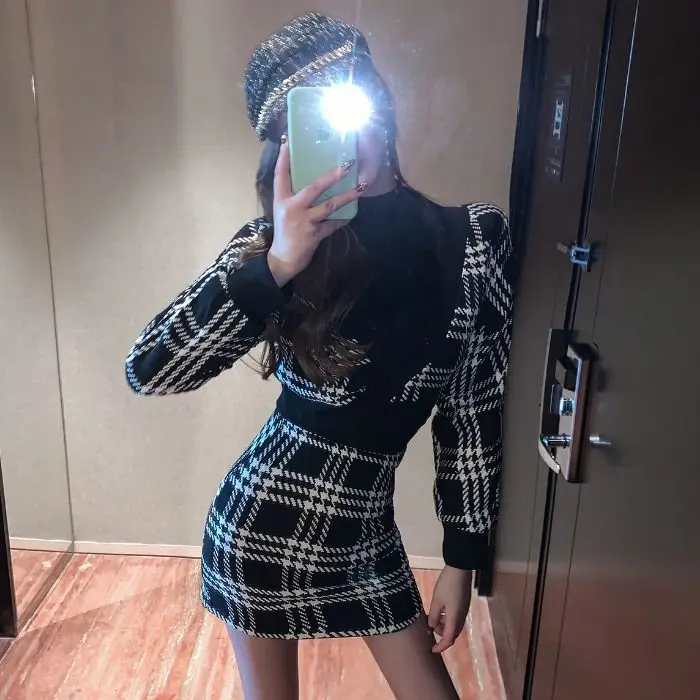 

Women 's Skirt Suit 2020 New Autumn And Winter Elegant Plaid Top Slimming Sheath Dress Suit