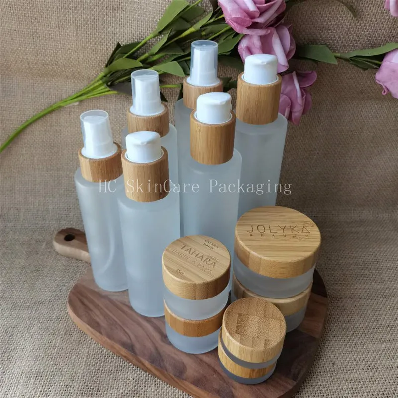 100/120/150ml Eco Friendly Matte Glass Bamboo Cap Lotion Pump  Glass Bottles Cosmetic Container Packaging Spray Bottle Mist