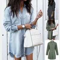 new european and american womens solid color casual long sleeved street fashion fringed denim shirt women