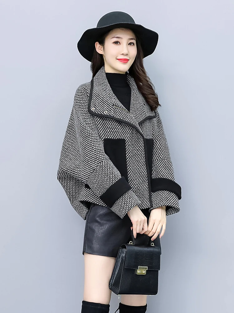 

FY.YIYI Autumn Winter Women's Coat Bat Sleeve Fashion Vintage Female Jackets Lapel Short Chic OL Elegant New Overcoat 2021