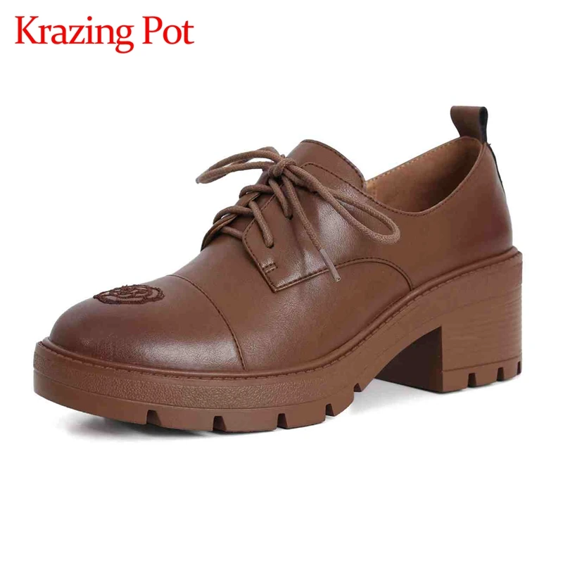 

Krazing Pot preppy style full grain leather cross-tied flowers round toe thick high heel lace up daily wear star women pumps L17