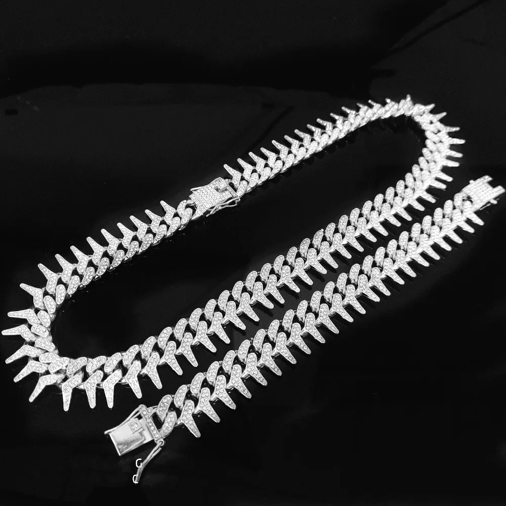 

Hip Hop 1 Set 20mm Silver Color Heavy Miami Prong Iced Out Paved Crystal Cuban Chain Cz Bling Raper Necklace Bracelet Jewelry