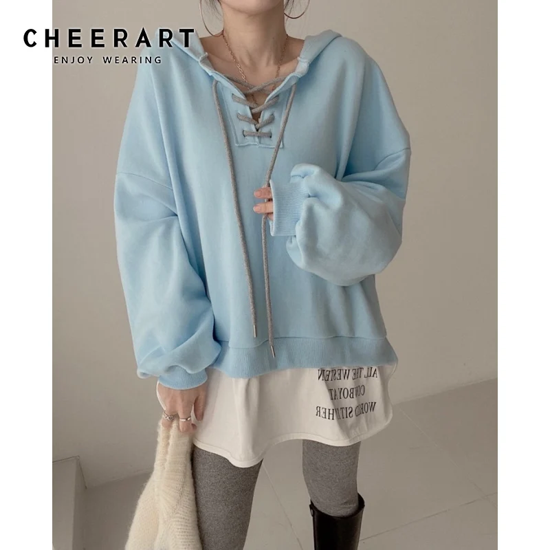

Женские толстовки большого размера CHEERART, толстовки, корейские модные пуловеры Ulzzang с длинным рукавом, Синяя толстовка, осень 2021, одежда для г...