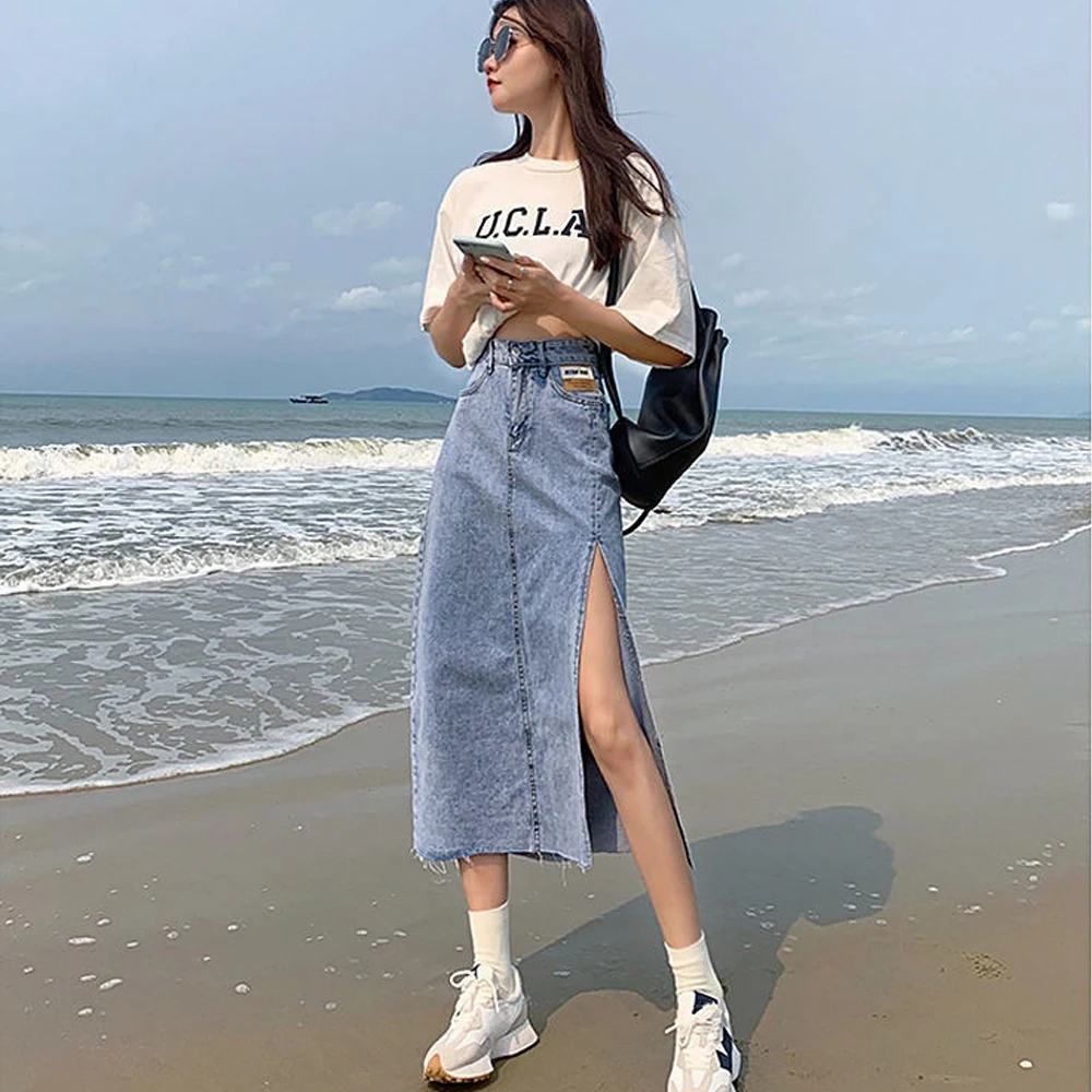 

Summer Women Denim Skirt High Waist A-Line Side Split Casual Skirt Female Mid-length Fashion Ladies Dress Vintage Streetwear
