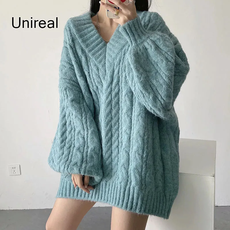 

Зимний женский плотный свитер Unireal 2022, Свободный Повседневный корейский трикотаж, синий теплый вязаный джемпер с длинным рукавом