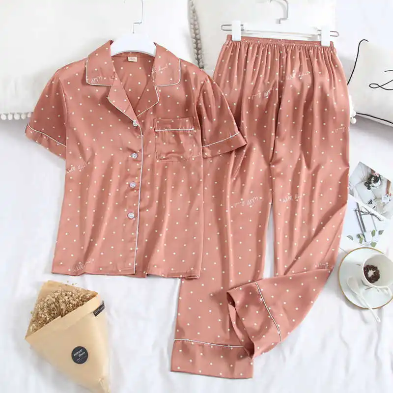 

see new women short sleeves silk pyjamas ice polka dot printing fashion pyjamas together