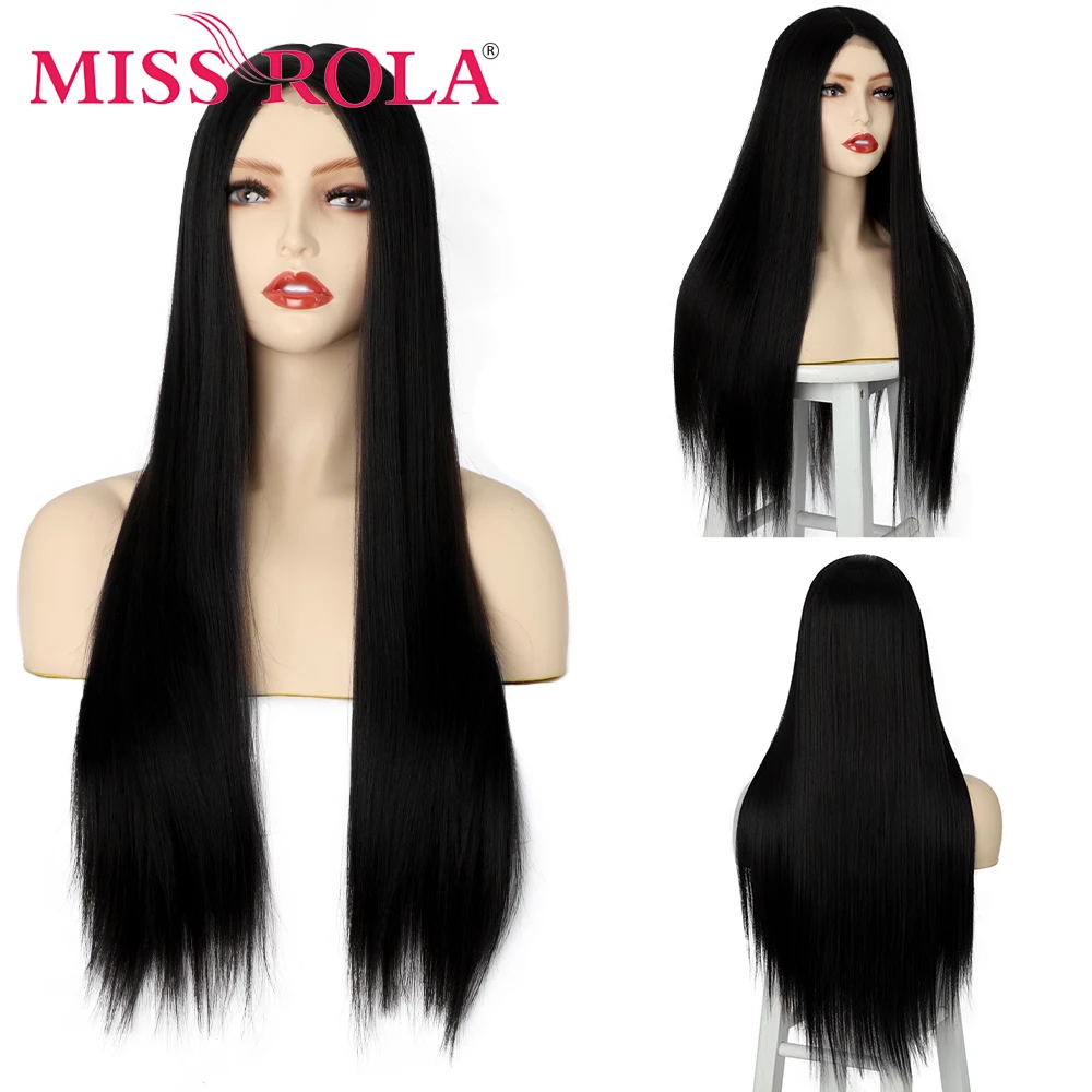 

MISS ROLA Long Straight Black Middle Part Synthetic Wigs For Women Heat Resistant Fiber Hair Cosplay Party Daily