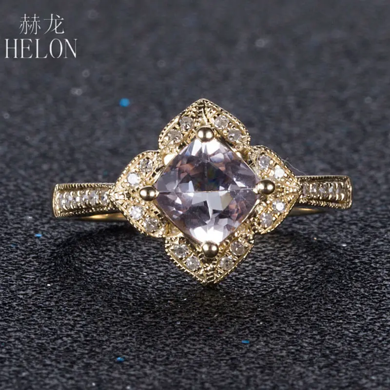 

HELON Solid 14K Yellow Gold AU585 Cushion Cut 0.8ct Natural Morganite 0.18ct Diamond Engagement Wedding Ring Trendy Fine Jewelry