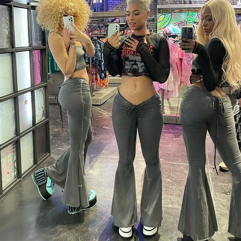 

Эластичные однотонные готические повседневные обтягивающие брюки на шнуровке Y2K, широкие брюки с низкой талией, женские длинные брюки со шн...