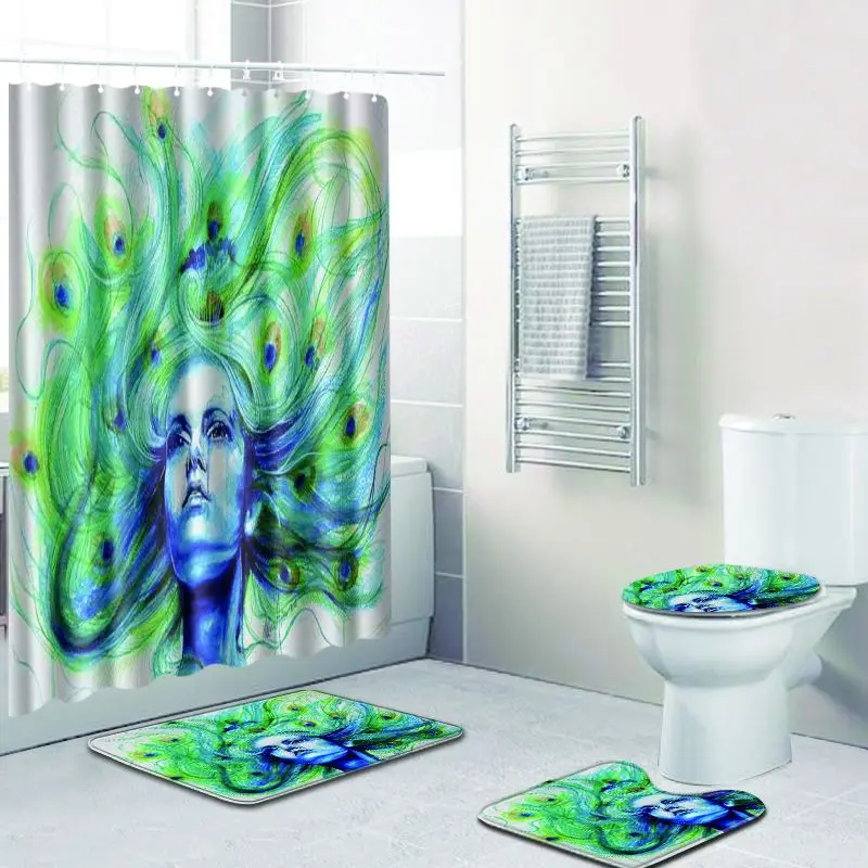 Colorful Woman Printed Waterproof Bathroom Curtain Decoration Shower Anti-slip Carpet Set Toilet Pedestal Rug | Дом и сад