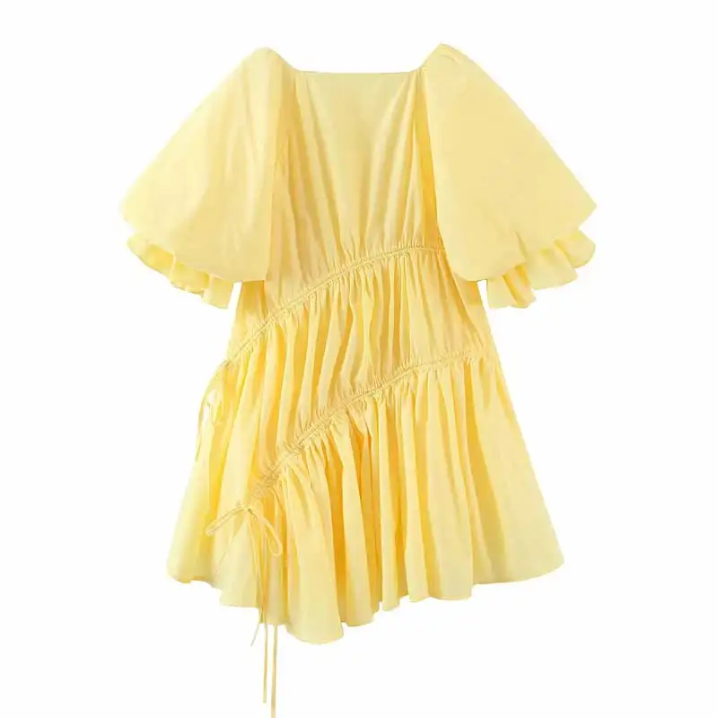 

Boho Inspired yellow cotton Asymmetric Dress for women Tie-detailed Mini Dress summer ruched high street puff sleeve woman dress