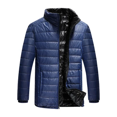 blue and black Большой размер, зимняя мужская куртка с длинным рукавом, ультра легкое пальто, одежда с двух сторон, 90% белый утиный пух, приталенные мужские куртки WZ1038 - Color: blue and black