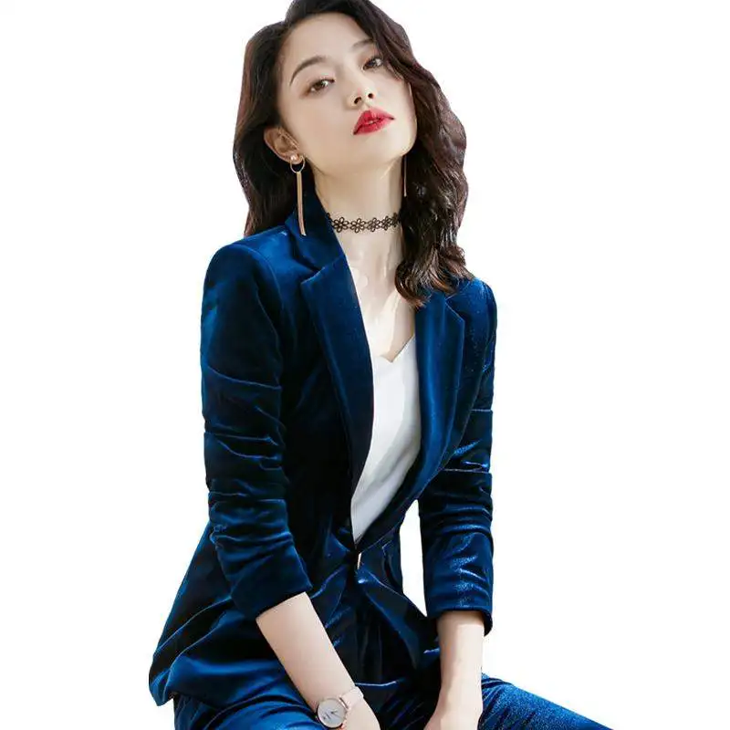 

Blazers suits 2 piece set (jacket + trousers) spring and autumn gold velvet temperament suit set women's slim professional wear