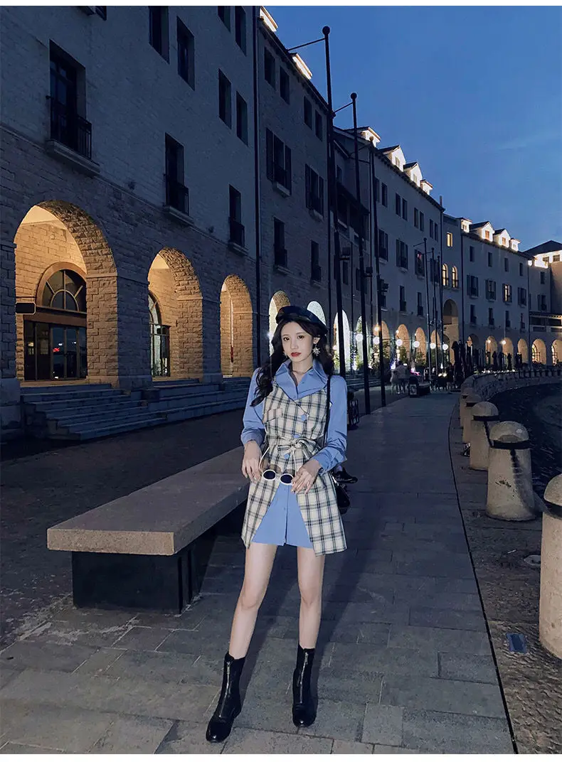 

Popular Plaid Prints Patchwork Faux Two Piece Women Dress Casual Preppy Shirt Dress Spring Autumn Dress