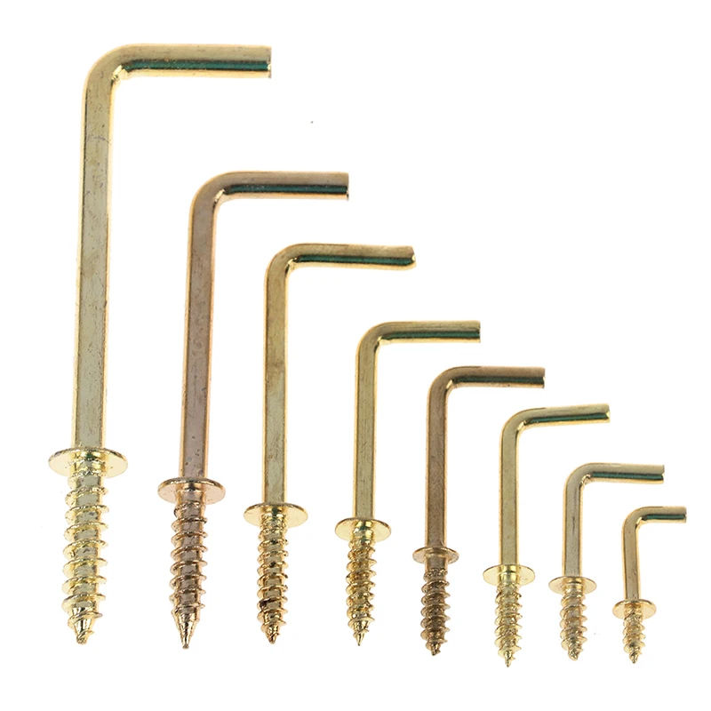 

10pcs L shape Dresser Cup Hooks Right Angle Screws 7 Style Hanger Gold Yellow Alloy Frame Sheep Eyes Iron Hanging