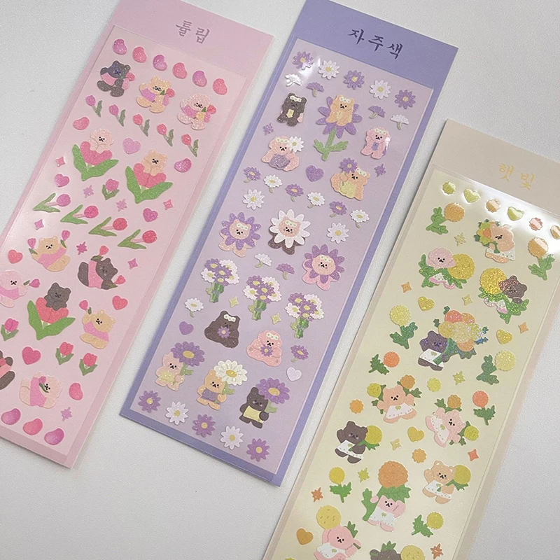 

Korean Flower Bear Idol Card Blingbling Stickers DIY Scrapbooking Stickers The Same Laser Cartoon Bear Stickers