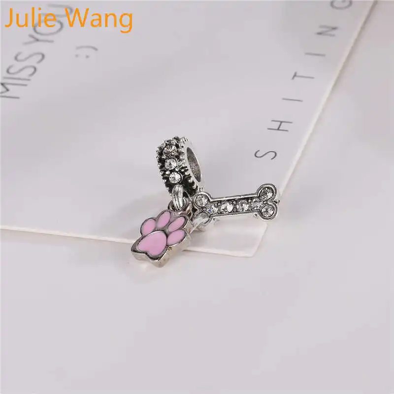 Julie Wang 5PCS Bone Bead Charms Enamel Pet Paw Print Rhinestone Zinc Alloy Bracelet Necklace Jewelry Making Accessory | Украшения и