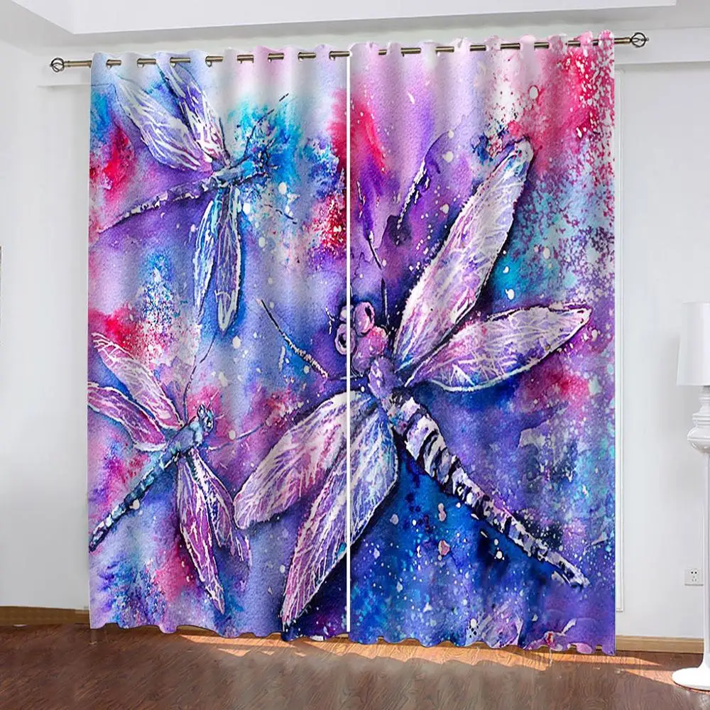 

Fashion Blackout Curtains Colorful Dragonfly Painting Pattern Insulated Soundproof Blinds Drapes For Bedroom Living Room Custom