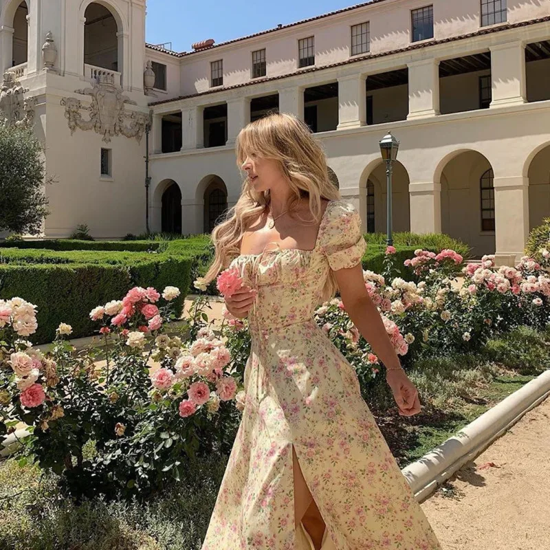 Imprimé Floral Maxi Femmes Robe Bouffée Manches Courtes Élégant Col Carré Décontracté Doux Eté Club Sexy Haut Fendu Robes De Soirée