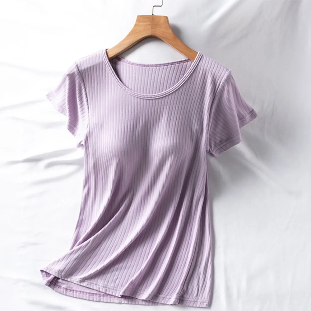 

Purple Stripe Women Sleep Tops O-Neck Short Sleeve T-Shirt Lady Coat Loungewear Solid Modal Jacket Summer Loose Home Wear