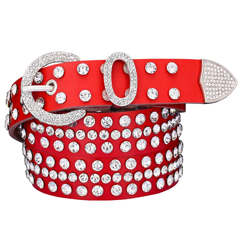 Red Fashion genuine leather rhinestone belts for women Luxury shining silver ring Pin Buckle belt female jeans strap width 2.8 cm - Цвет: Red