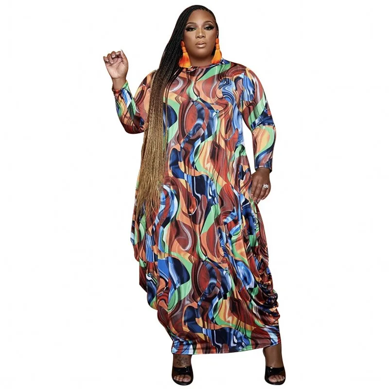

Women Kaftan Dress 2022 Spring Vintage Print Party Long Maxi Dress Casual Long Sleeve Pleated Vestido Oversized Plus Size